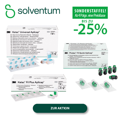 Solventum Aktion sparen sie bis zu 25% ab 4 Packungen einer Preisklasse! Ketac Universal, Photac Fil Quick, Ketac Fil Plus und viele mehr! Gültig bis 30.06.2026!