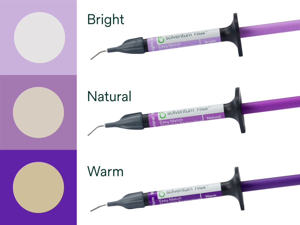 Solventum™ Filtek™ Easy Match Flowable Fließfähiges Komposit Grafik 2 - Abbildung der 3 Farben - Bright, Natural, Warm